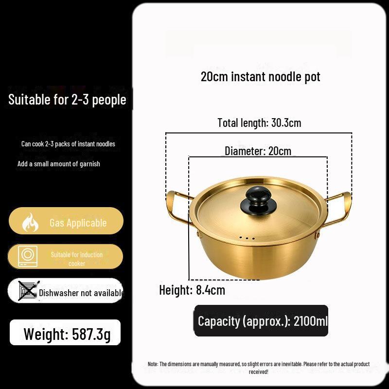 Золотистая корейская кастрюля для рамэна из нержавеющей стали с крышкой — двойные ушки, утолщенная, идеально подходит для лапши, супа или небольших горячих блюд.