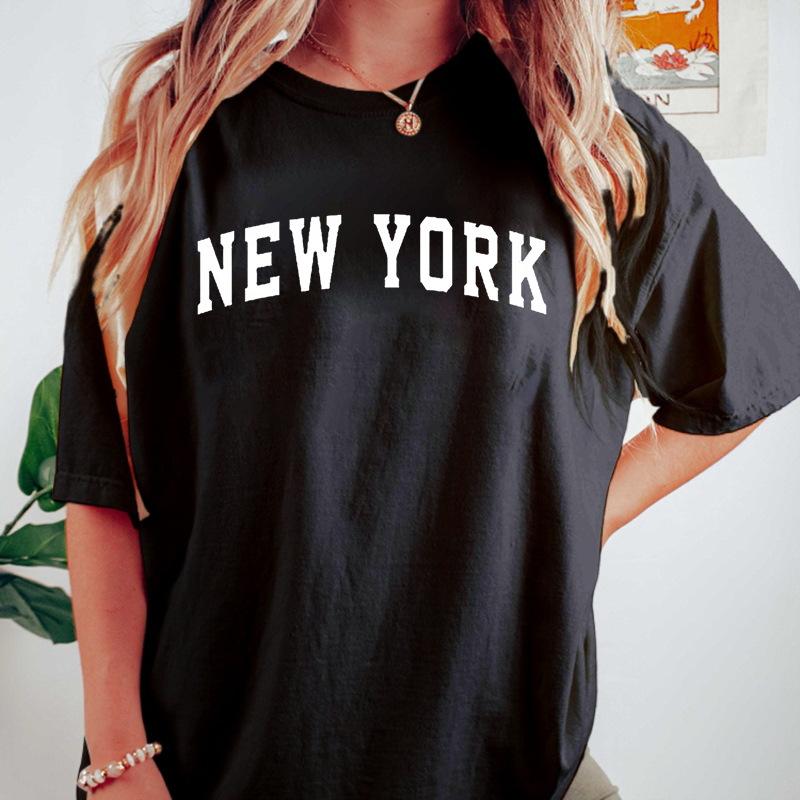 NEW YORK LOS ANGELES Повседневный универсальный свободный топ из хлопка с круглым вырезом и короткими рукавами