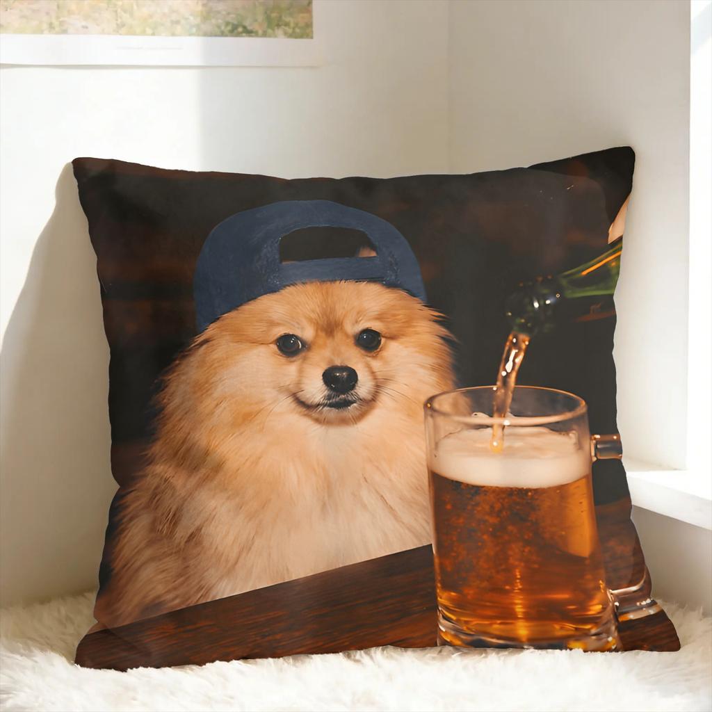 Pomeranian Drinking Beer Pillowcases Novelty Pillow Case For Sofa Home Decoration Square Pillow Cover