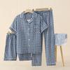 Couple pure cotton gauze summer women's short-sleeved pajamas Japanese simple plaid thin three-piece loungewear set