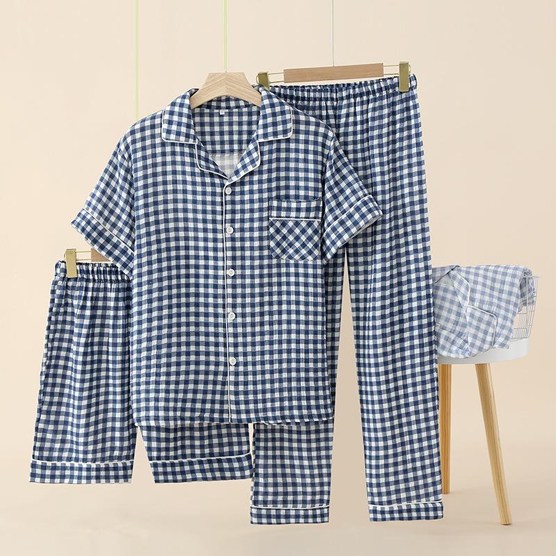 Couple pure cotton gauze summer women's short-sleeved pajamas Japanese simple plaid thin three-piece loungewear set