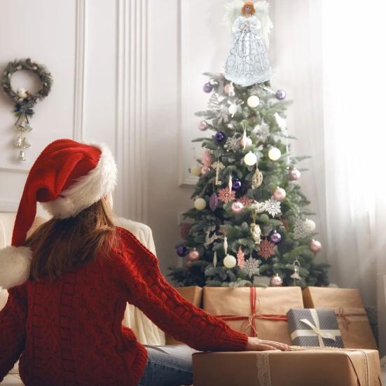 Белое угловое длинное платье для рождественской елки, топпер с перьями и крыльями, светящееся праздничное украшение, платье, многоразовая Рождественская елка, ангел