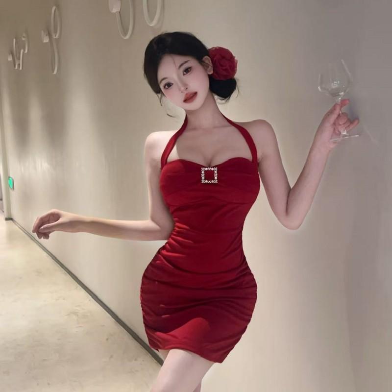 Sexy Cut-Out Backless Mini Dress With Halter Neckline High Waist Sleeveless Women Party Club Outfit
