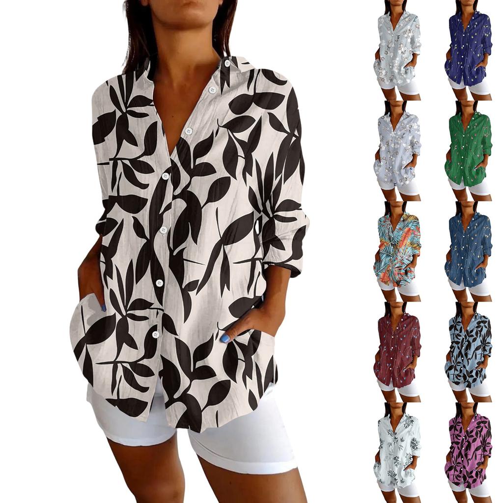 Womens Button Down Shirts Cotton Linen Long Sleeve Dress Shirts Casual Summer Tops Work Blouses
