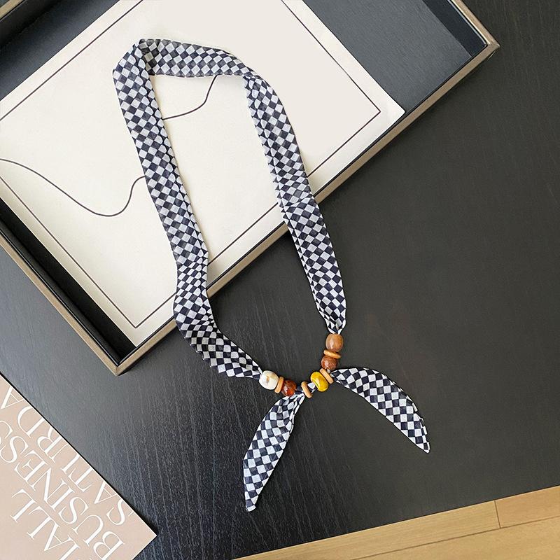 Retro Style Beaded Long Scarf Chain Necklace for Women Fashion Accessories Necklace Scarf Hijab Tie Bag Handle Ribbon Hairband