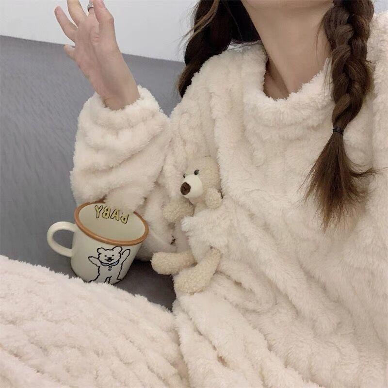 Пижамы для женщин осень-зима коралловый домашняя одежда фланель очень толстый зимний большой размер очень большой флисовый теплый костюм