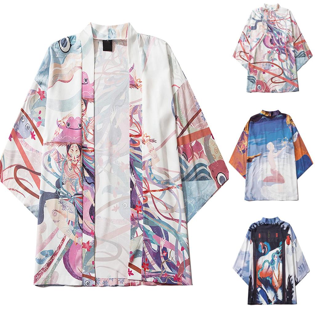 Men's Casual Loose Open Front 3/4 Sleeve Japanese Style Print Cover Up Cardigan