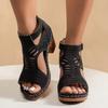 A Pair of Women's Solid Color Square Heel Sandals with Open Toe and Zipper Closure, Suitable for Beach Outdoor High-heeled Sandals