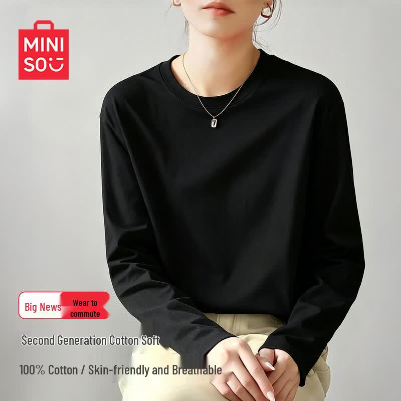 MINISO Женская свободная хлопковая футболка с длинным рукавом