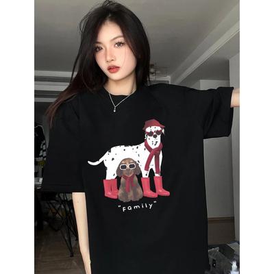 New American Retro Cute Puppy Pure Cotton Cartoon Print Niche Fashion Trend Short Sleeved Tshirt for Both Unisex and Women