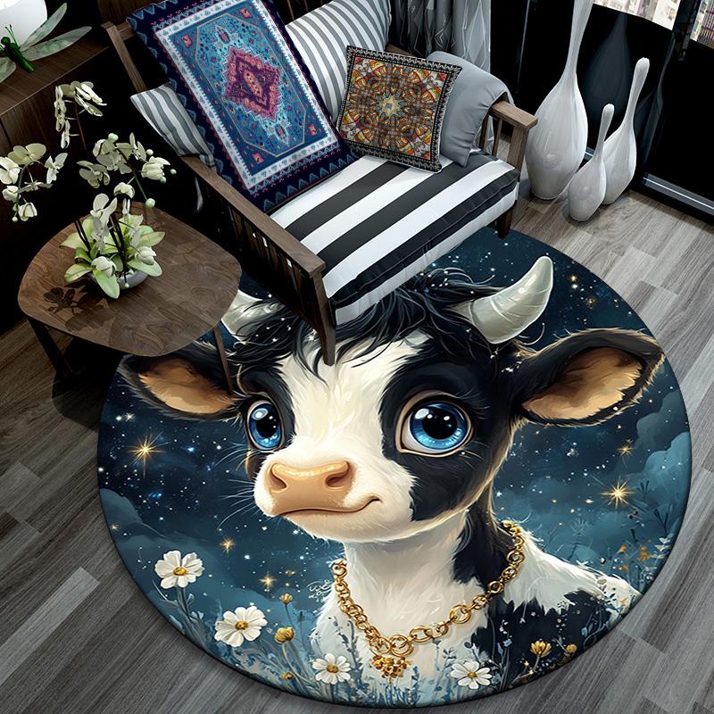 Cute Cow Round Area Rug,Carpet Rug for Living Room Bedroom Sofa Playroom Decor,Non-slip Floor Mat