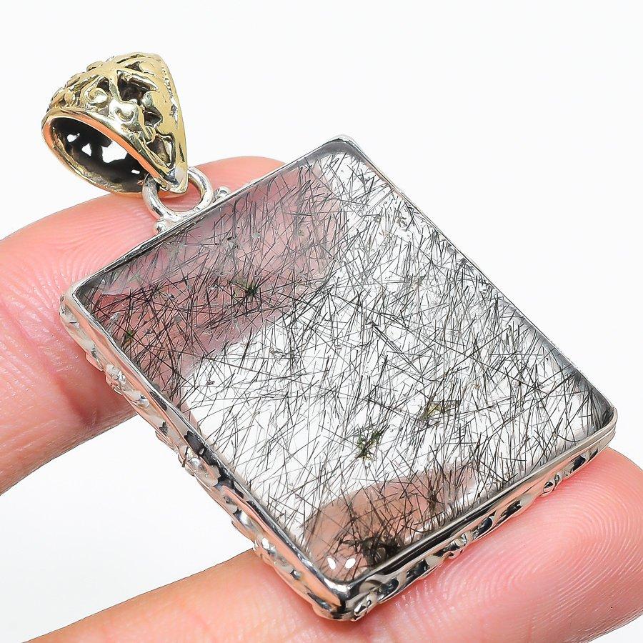 Natural Black Rutile Gemstone 925 Solid Sterling Silver Gift Pendant 2.25" G0T09