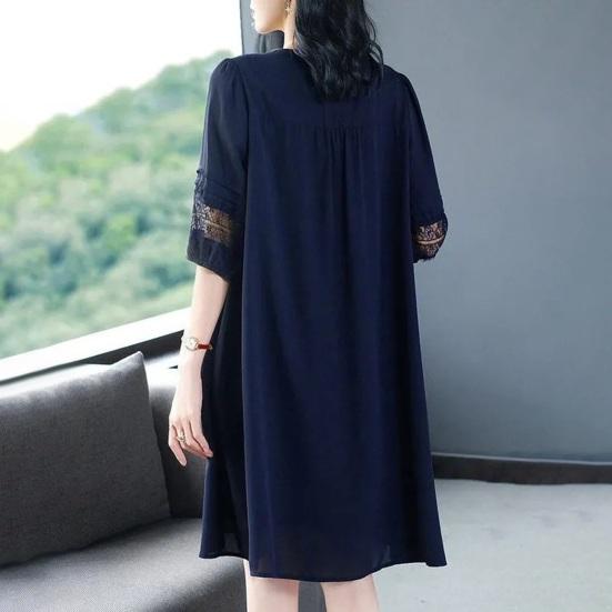 Летнее женское платье размера плюс с V-образным вырезом, свободные половинки рукавов, сплошной цвет, ажурное кружево, однобортное платье длиной до колена, плюс размер, трапециевидное платье миди