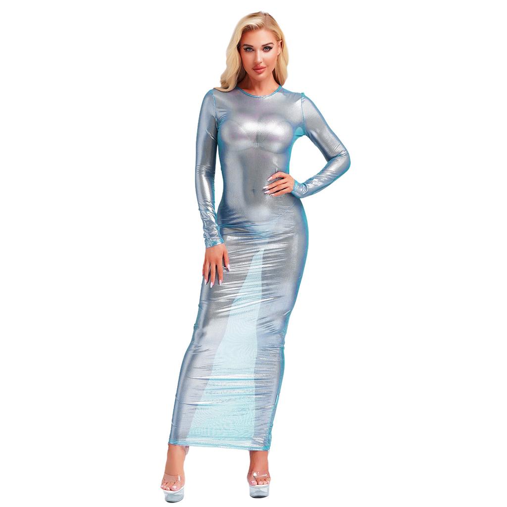 Женское прозрачное платье с длинным рукавом, с металлическим блеском, просвечивающее, в стиле макси, для клуба, ночное белье, забавное платье-нижнее белье