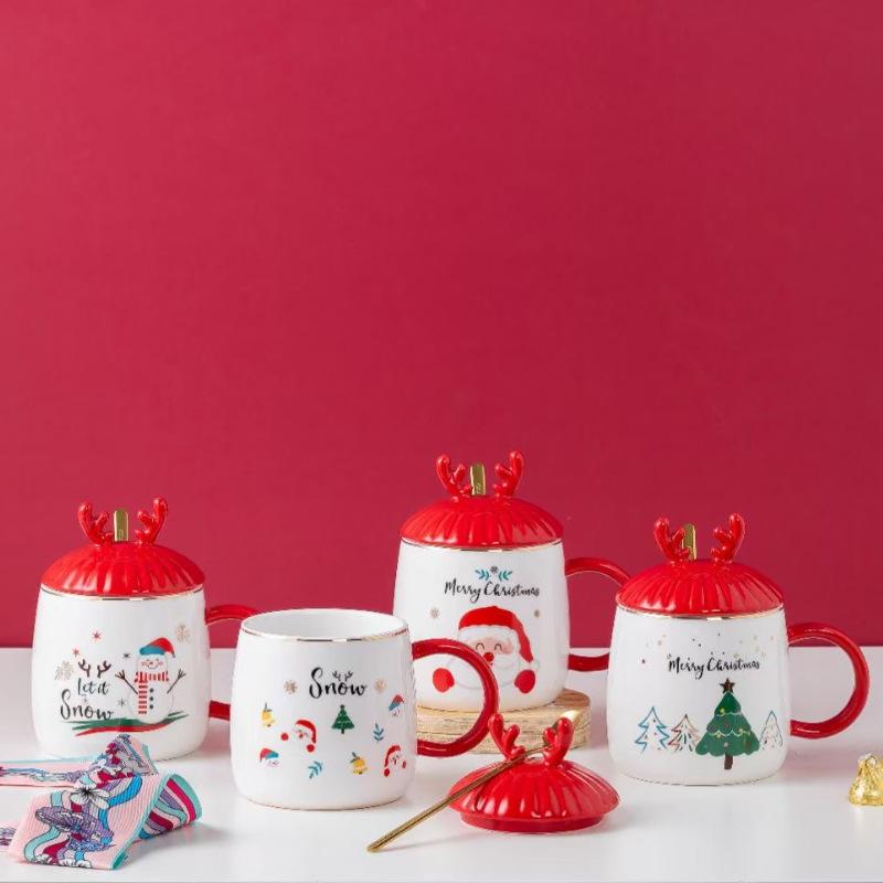 Christmas ceramic cup hand-painted husband cup large capacity with lid mug cup gift white porcelain