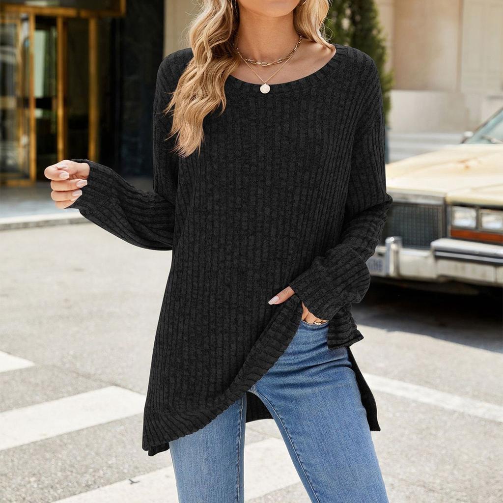 Женская мода, повседневный однотонный пуловер с разрезом по краю и длинными рукавами