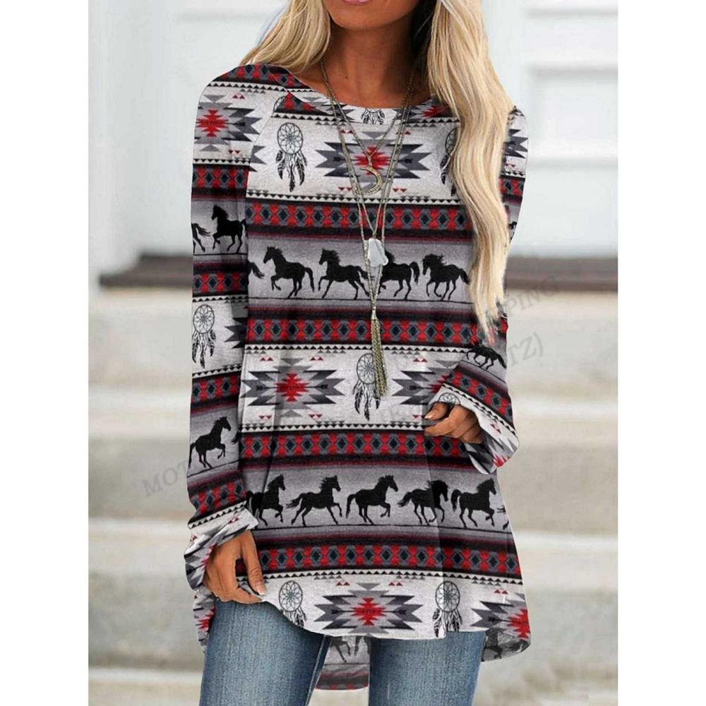 Этническая футболка с 3d принтом, женские модные футболки, повседневные топы с длинными рукавами, футболки с графическим принтом, свободные винтажные футболки в стиле Харадзюку