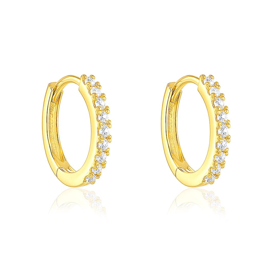 Elegant Pavé Row Huggie Hoop Earrings - Sterling Silver Yellow Plated