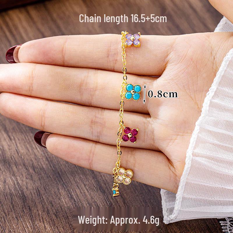 Вьетнам Золотой Минималистичный Набор Ожерелье Четырехлистный Клевер и Браслет Цветок с Инкрустацией Цирконами