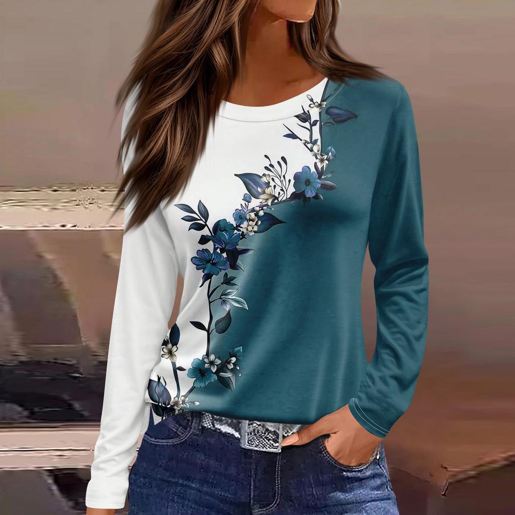 Women's Fashion Casual Slit Hem Round Neck Long Sleeve Loose  Printed T-Shirt Ladies Top