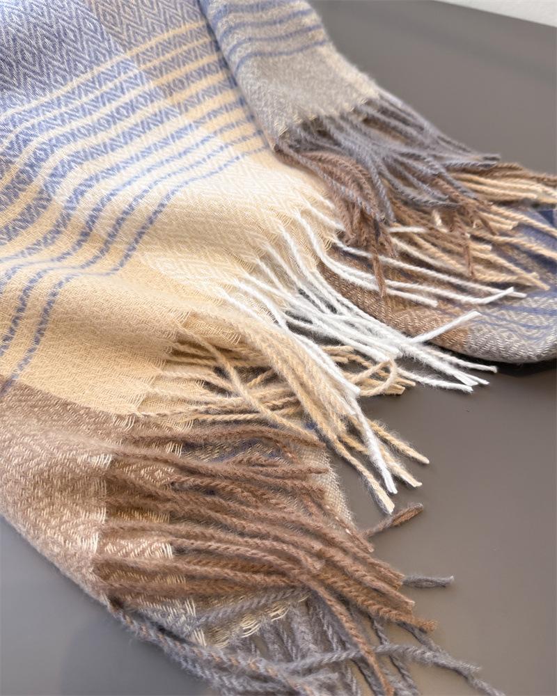 Color Blocked Plaid Long Scarf with Tassel Thick Soft Warm Imitation Cashmere Shawl Versatile Neck Scarf for Autumn Winter
