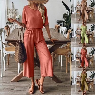 Женский свободный повседневный весенний костюм-двойка с брюками-палаццо и футболкой с короткими рукавами