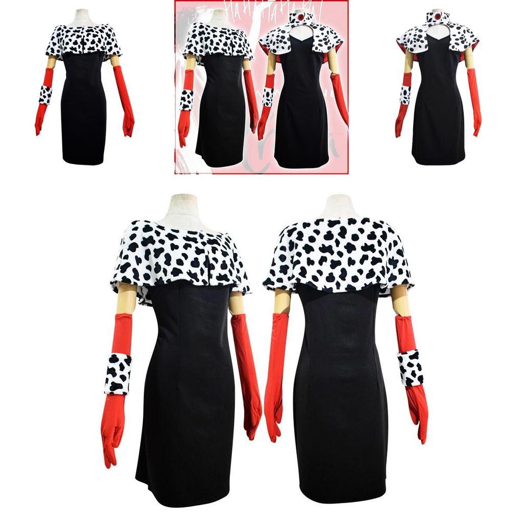Элегантный и модный женский костюм для косплея злодейки Круэллы Де Виль, полный комплект для Хэллоуина