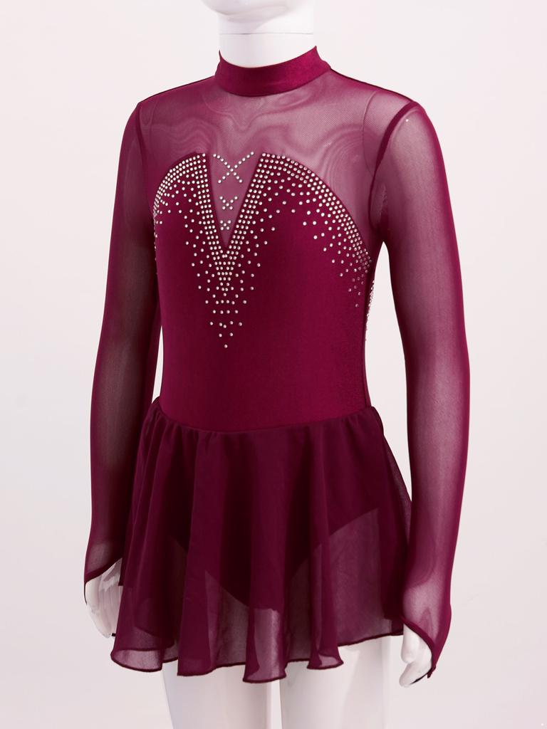 Kids Girls Sparkle Mesh Splice Figure Ice Skating Dress Gymnastic Dance Leotard Tutu Skirt Performance Dancewear