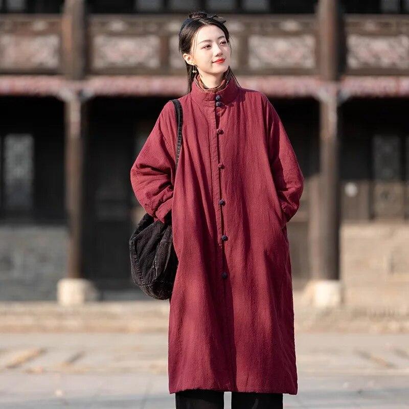 Johnature Женские зимние парки в китайском стиле, однотонные теплые пальто на пуговицах, хлопковые женские винтажные парки