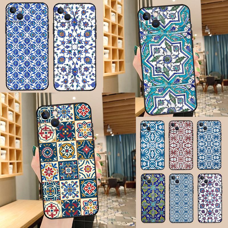 Square Turkish Flower Tiles Case For Samsung Galaxy M16 M31 M21 M13 M33 M53 M15 M35 M55 M36 M56 M12 M32 M52 M14 M34 M54