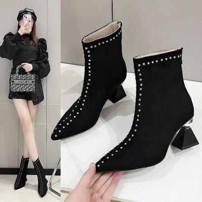 Модная обувь для женщин 2024 года, корейская мода, женские ботильоны, сексуальные, с острым носком, на квадратном каблуке, повседневная мода, осень-зима, высокие каблуки