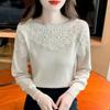 Новый французский нежный кружевной свитер Модная вставка Базовая рубашка Женская мода Топ с длинным рукавом