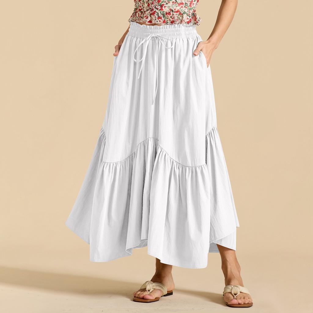 Женская модная однотонная юбка с высокой талией и эластичным поясом, с широкими карманами, в стиле ретро, с полудлинной юбкой