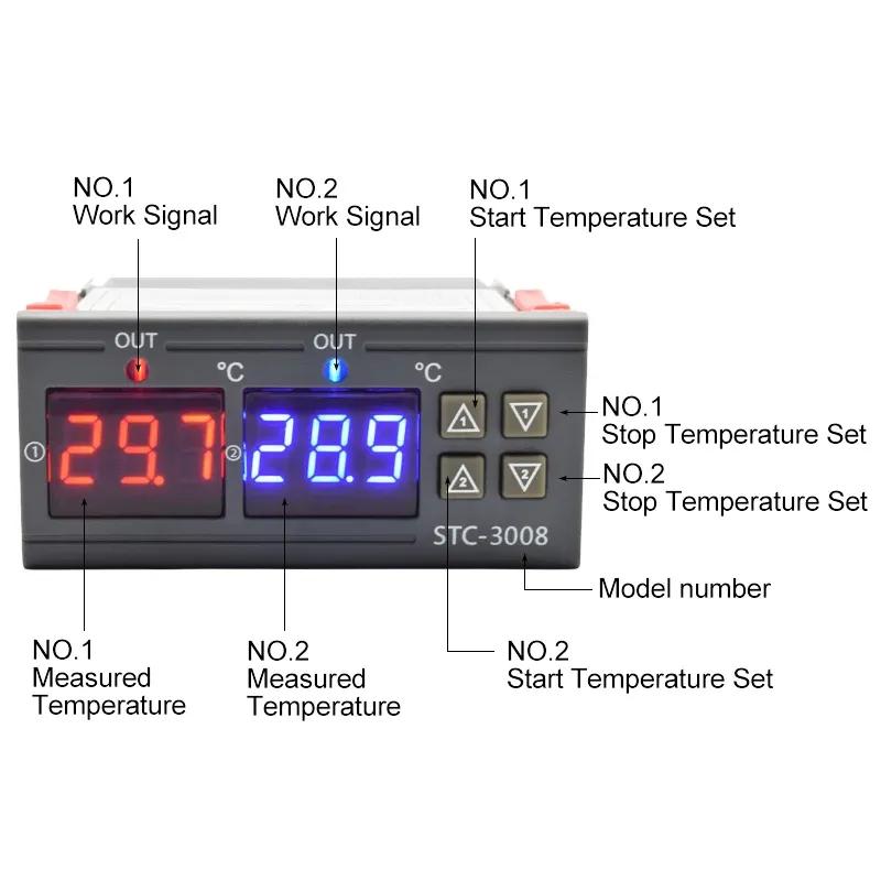 STC-3008 Dual LED Digital Temperature Controller Thermostat AC 220V 12VDC Heater Cooler Control Two Relay Output Thermoregulator