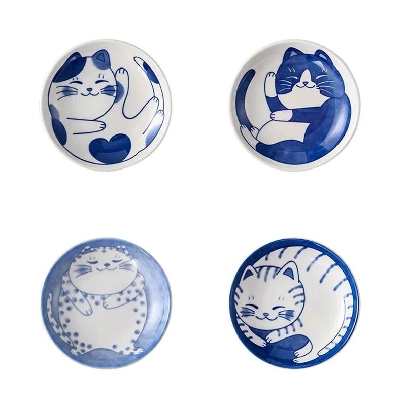 Sauce Dishes Sushi Plate Tableware Japanese Style Ceramic Dessert Creative Cute Cartoon Lucky Cat Pattern Water Drop Shape Plate