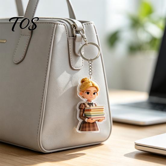 Reading Theme Keychain Acrylic Cartoon Librarian Keychain, Double-Sided Golden Hair Girl Keyring, Metal Key Ring Pendant for Backpacks Handbags, Book