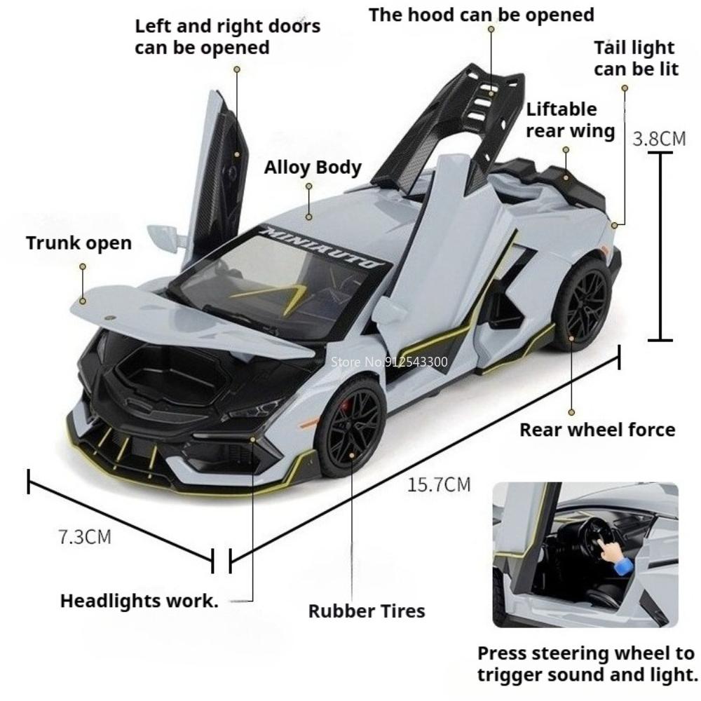 1:32 Scale Revuelto Police Car Model Toy Doors Opened Sound Light Sports Cars Pull Back Alloy Body Vehicle Hobby Decorations