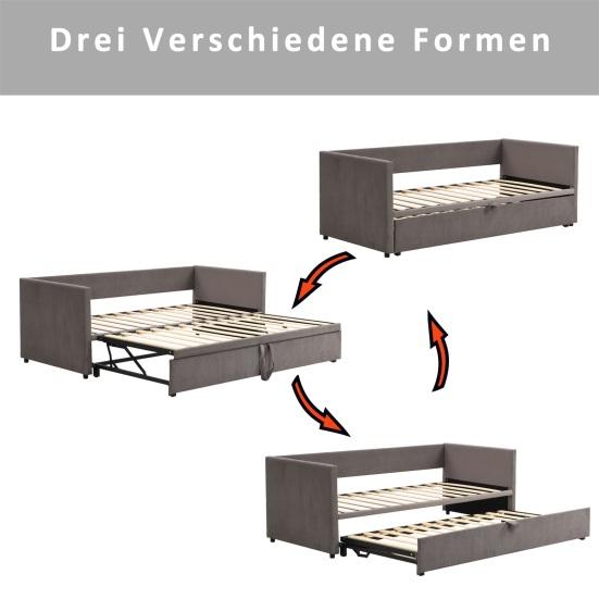Upholstered Bed Extendable Sofa Bed 90/180x200cm with Slatted Frame, Multifunctional Bed Made of Skin-Friendly Velvet Fabric
