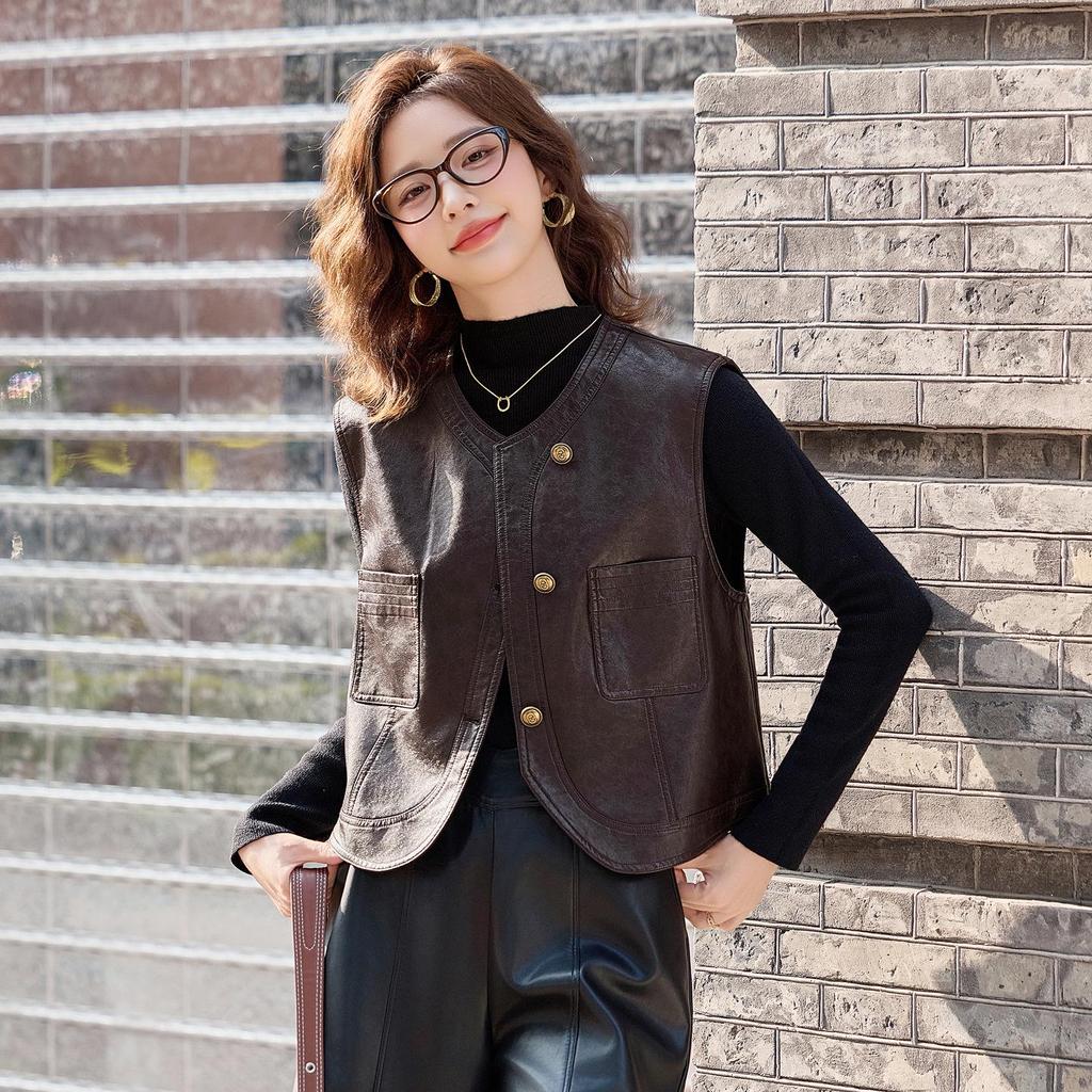 Women's Short Sheepskin Leather Motorcycle Vest - Autumn/Winter Korean Style Outerwear
