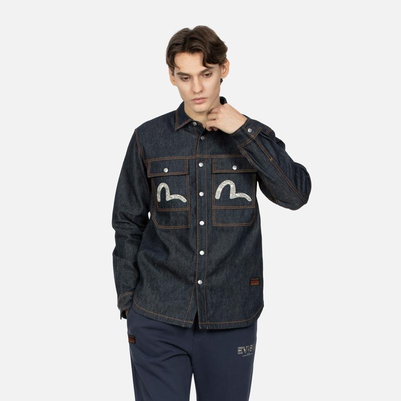 Evisu Рубашка с вышивкой логотипа и иконки Seagull AW23 Мужские рубашки Джинсово-синий 2EAHTM3SL7031XXCT
