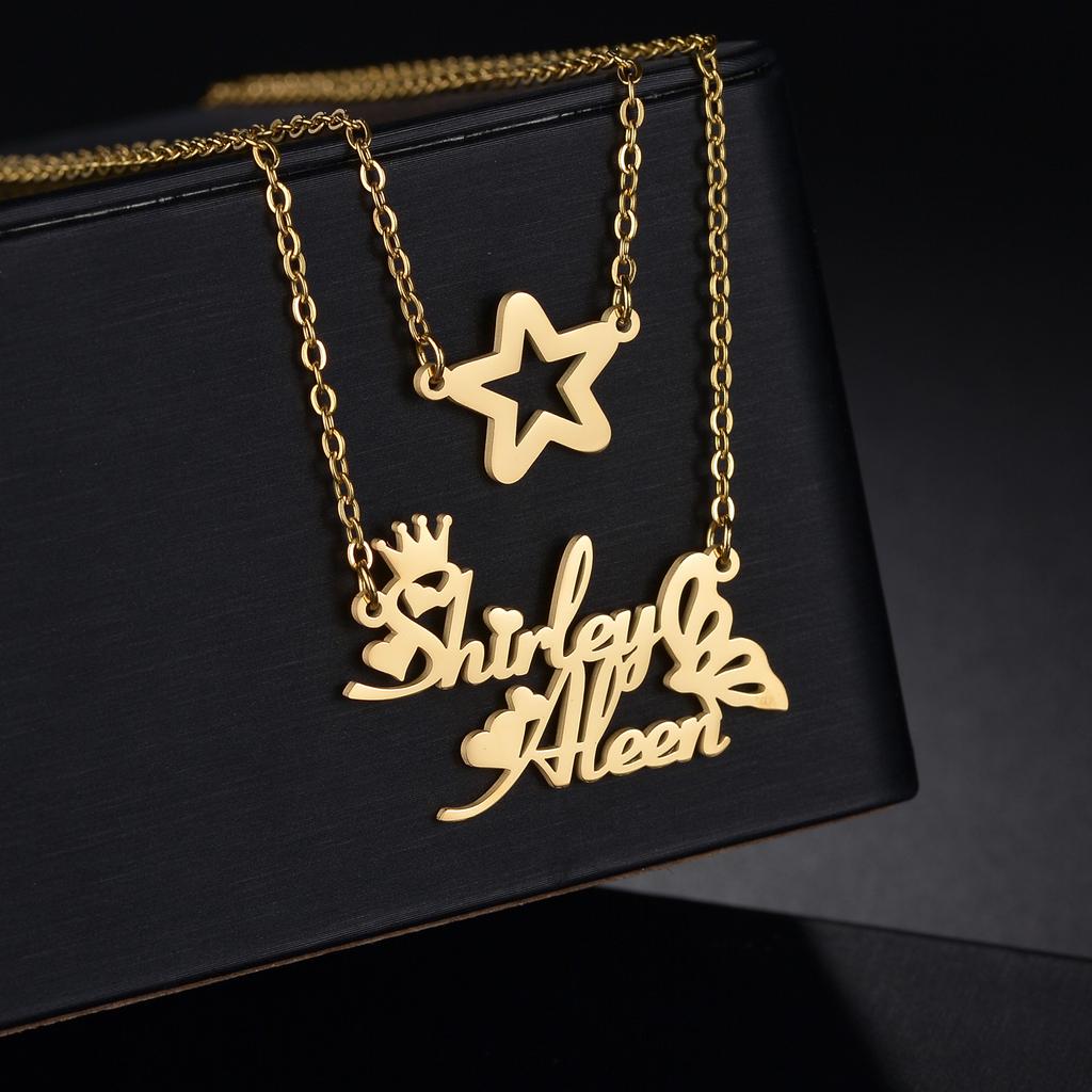 Atoztide Personalized Custom Arabic Name Necklaces for Women Stainless Steel Star Crown Butterfly Pendant Birthday Jewelry Gift