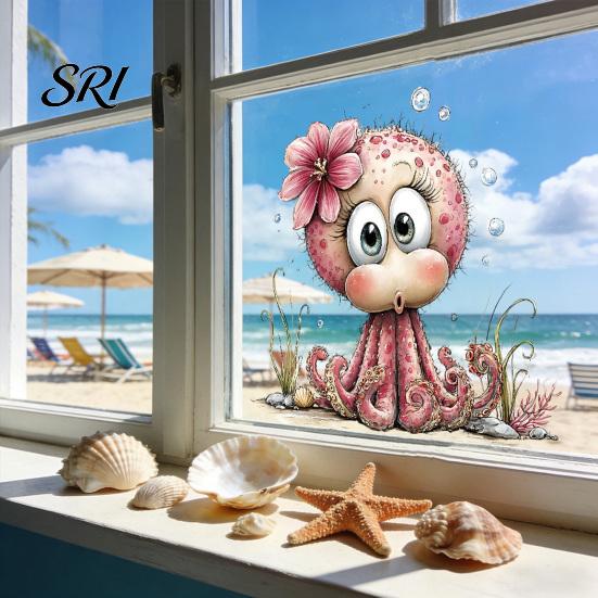 Window Sticker Transparent under The Sea Mermaid Clings Ocean Animal Whale Turtle Octopus Reusable Decoration Seahorse Anti-Collision Glass