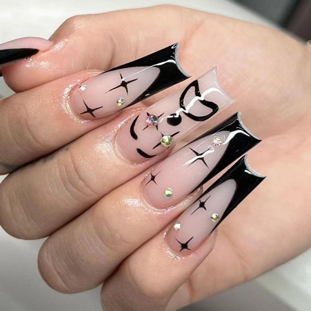 Маникюр Пресс на ногтях Черный край Змея Накладные ногти Длинные Французские балерины Сияющий Кристалл