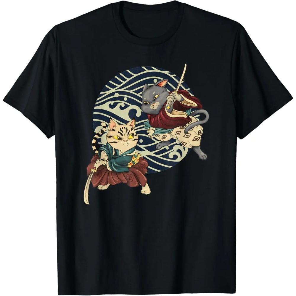 Футболка с японским рисунком Ninja Cat Kawaii Tattoo, летняя мужская, 100% хлопок, повседневная, свободного покроя, дышащая, большого размера