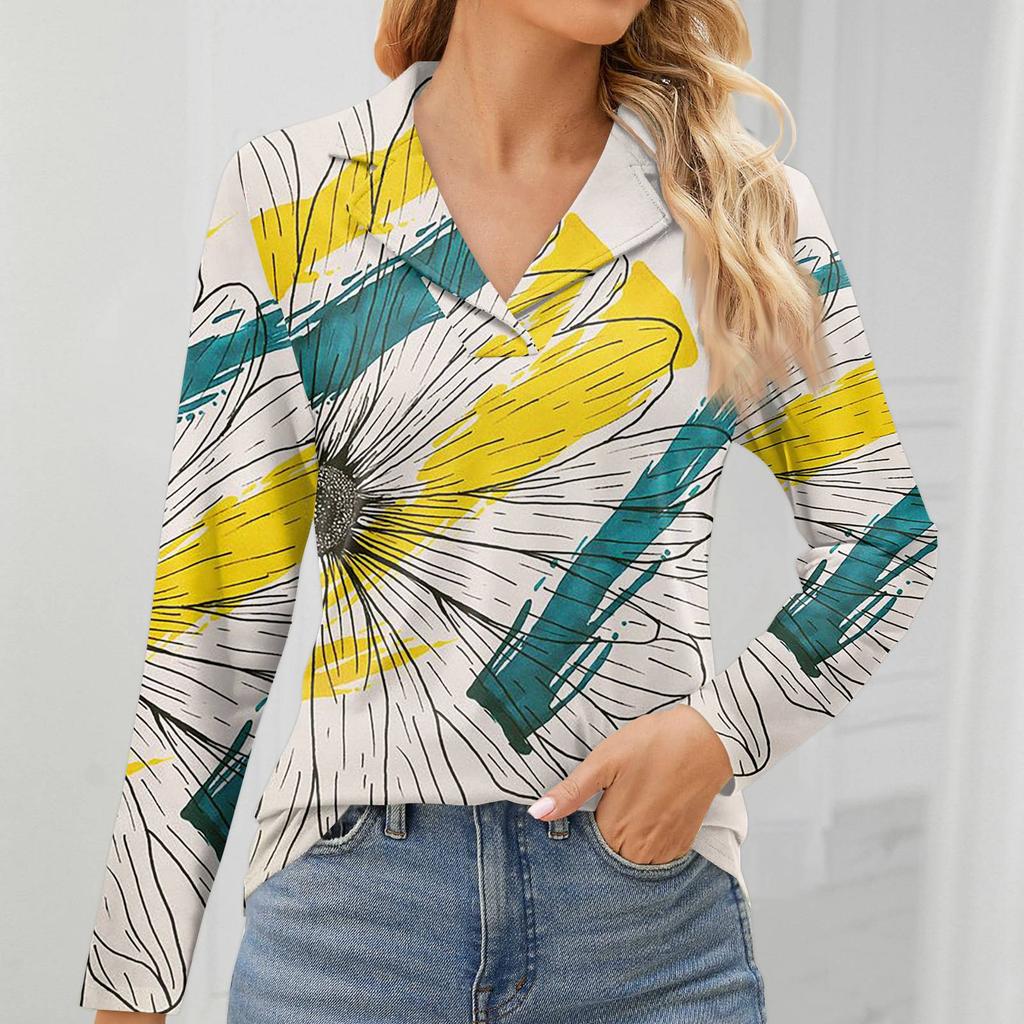 Женская мода для отдыха с длинным рукавом и V-образным вырезом с цветочным принтом