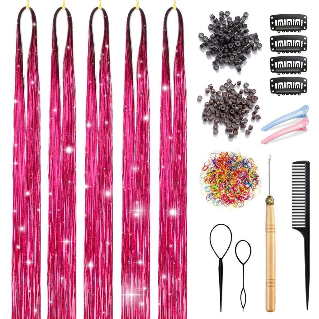 Набор мишуры для волос с инструментами Мишура для волос Термостойкий набор мишуры для волос феи Наращивание волос 47 дюймов 1100 прядей Блестящая мишура