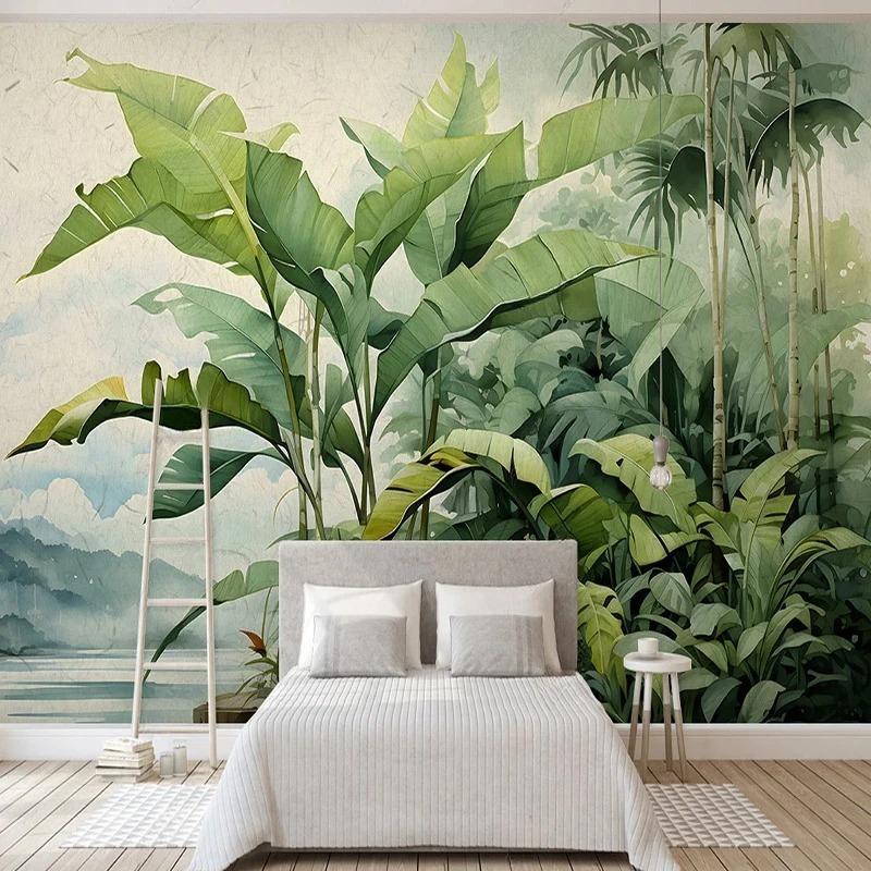 Nordic Retro Wallpaper Hand Painted Tropical Plants Leave Wall Mural Living Room Bedroom Wallpaper Home Decor Fresco