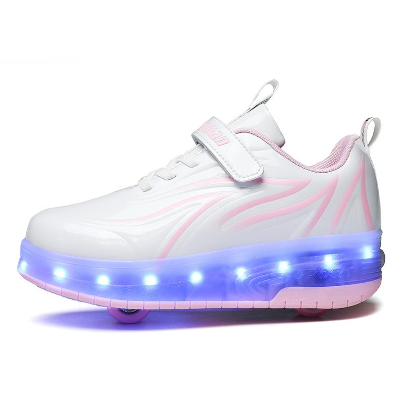 Спортивная обувь для девочек с подсветкой, трущиеся туфли, твердые волшебные патчи, зарядные двухрядные скользящие туфли с колесами