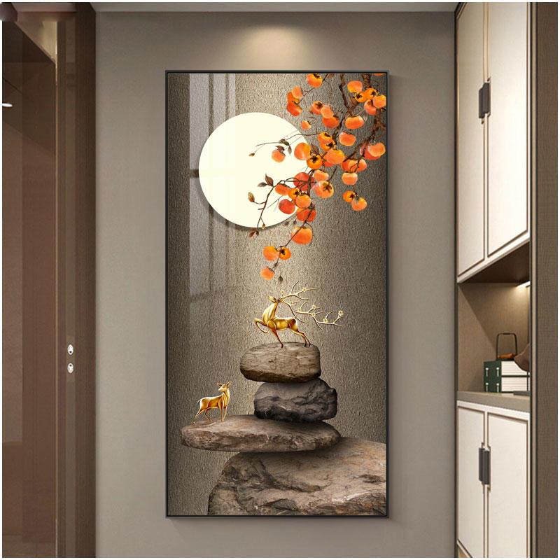 Abstract Fengshui Golden Zen Stone Canvas Painting Golden Moon Deer Wall Art Rich Tree Posters for Porch Wall Decor No Frame