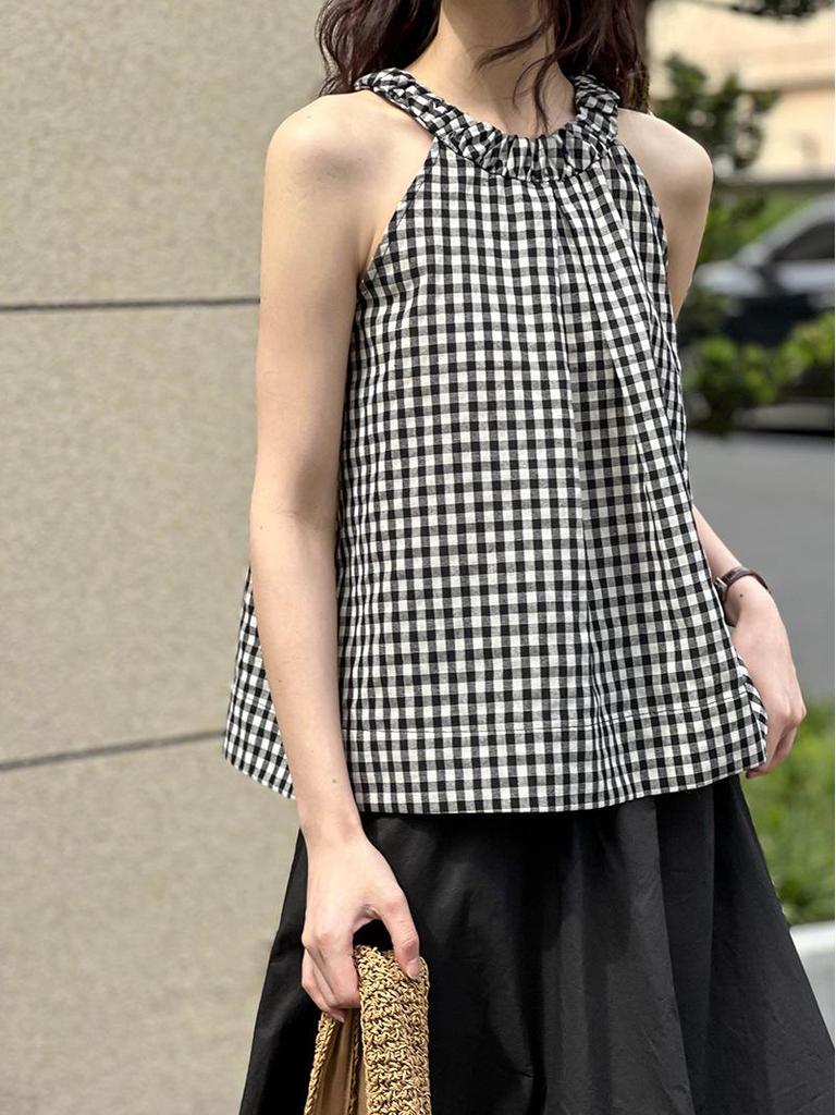 Ретро клетчатый топ-камезоль на халтере, черно-белый, весна/лето 2025